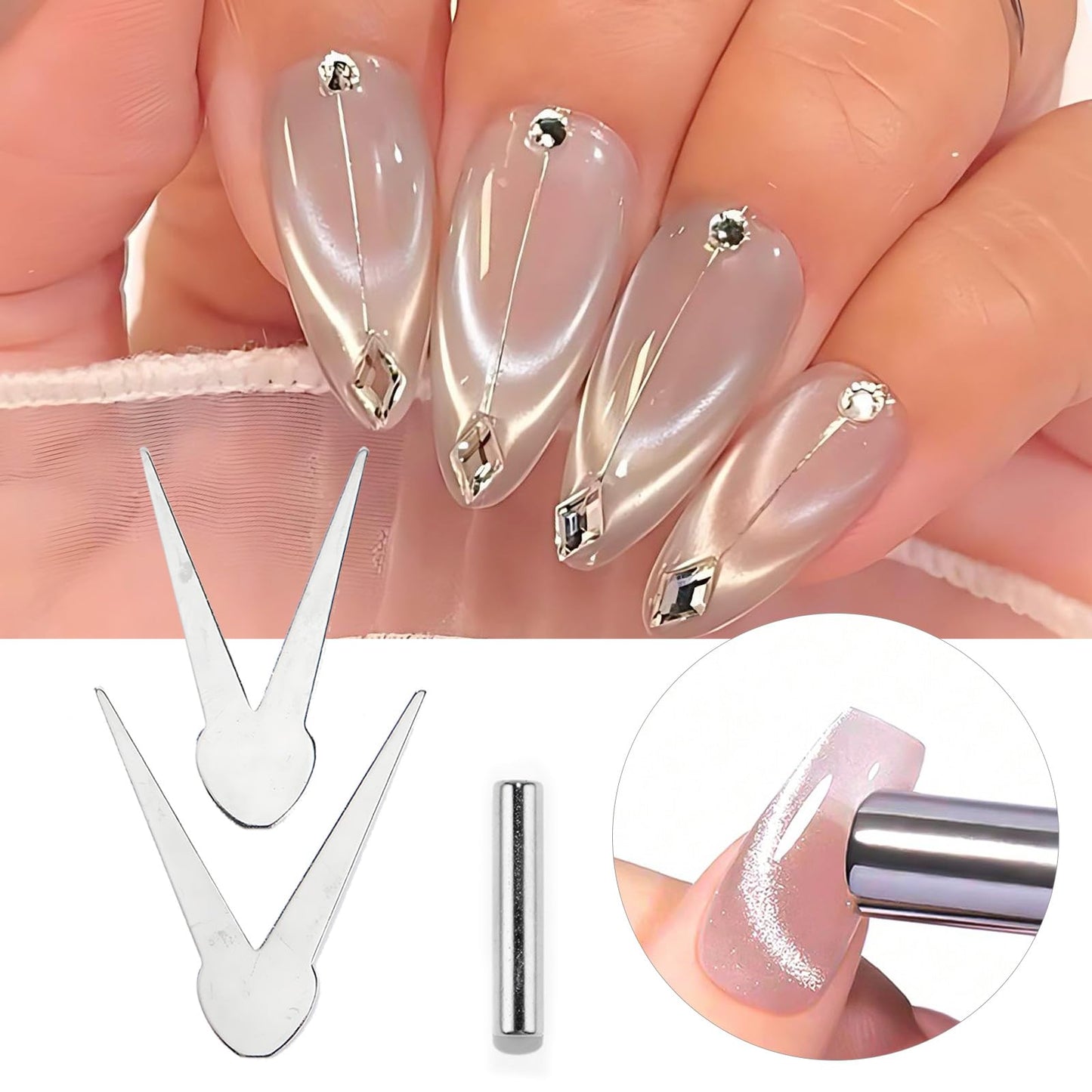 8pcs French Cat Eye Magnet Set,Double Headed V-shape Heart Magnet Strong Magnet Steel Ball Nail Art Magnetic Stick 2 in 1 Magnetic Stick Nail Art Gel Polish Manicure Accessories Tools Set