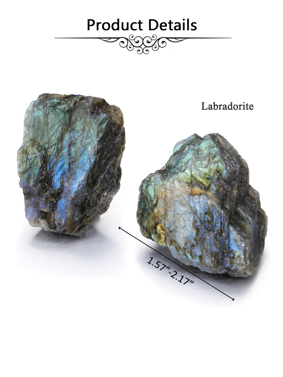 Jovivi 2pcs Raw Labradorite Crystals,Large 1.6-2.2" Healing Crystals Natural Rough Stones Crystal for Tumbling, Cabbing, Home Decoration, Polishing, Wicca & Reiki