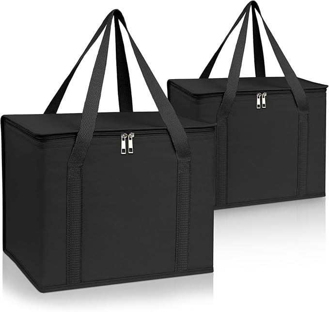 PEASUG 2 Pack Insulated Bags for Food Delivery, XL Pizza Delivery Bags, Large Capacity Cooler Bag Keep Food Warm for Grocery Shopping and Catering, Foldable, Heavy-Duty (Black)