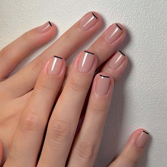 YoYoee Short Nude Nails Tips Black French False Nails Square Press on Nails Full Cover Fake Nails for Women and Girls 24PCS