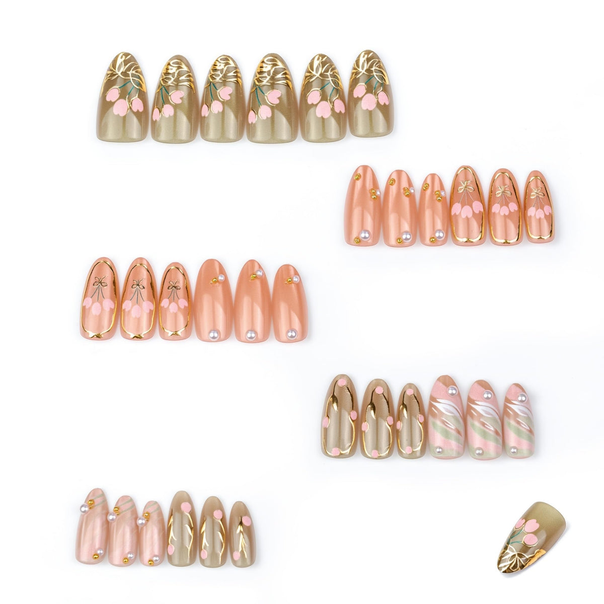 Medium Press on Nails Almond Fake Nails Pink Acrylic Nail Press Ons Seeneey Gold Charm Designs Floral Stick on Nail for Women 27pcs