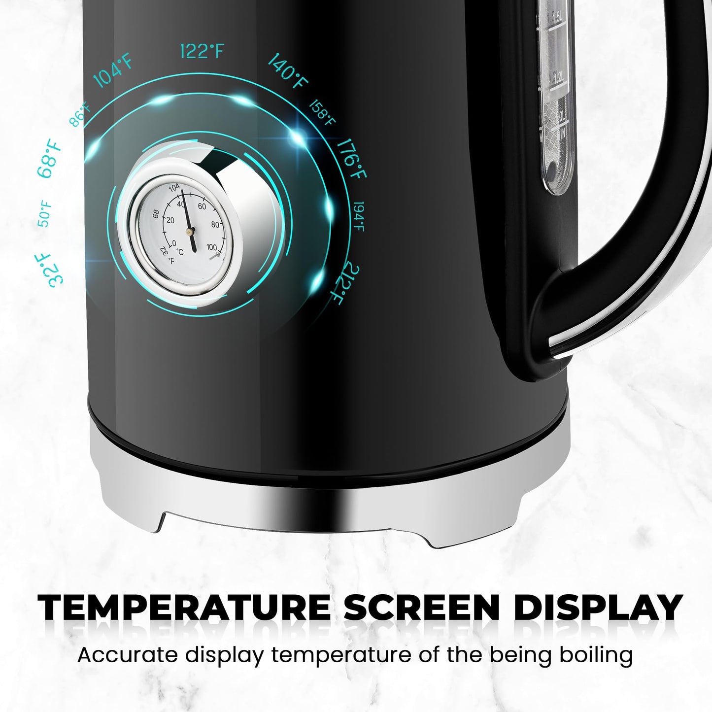 SUSTEAS Electric Kettle Temperature Control - 57oz Hot Water Boiler with Thermometer, 1500W Fast Heating Stainless Steel Tea Kettles, Cordless LED Indicator, Auto Shut-Off & Boil Dry Protection,Black