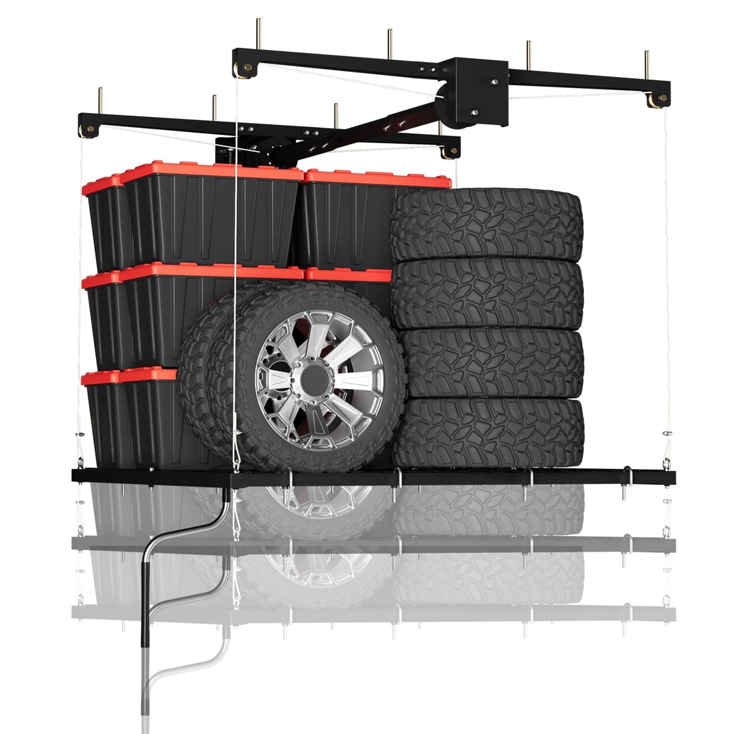 EliteEdge 【Dual-Cable Safety · Crank Lift System】 4x4ft Overhead Garage Storage Rack with 350lb Capacity - Heavy Duty Garage Ceiling Storage Racks for Space-Saving