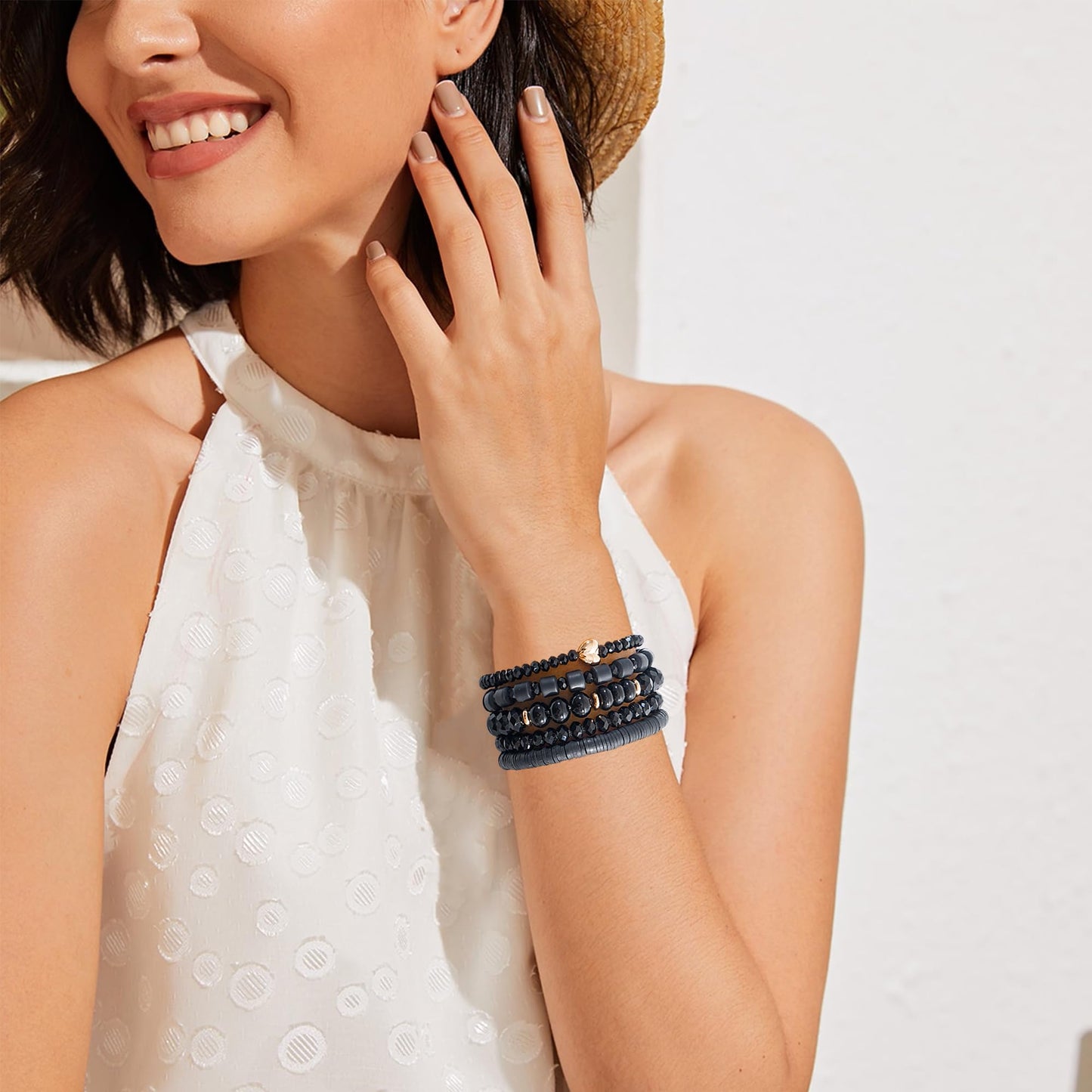 RISHEGAE Crystal Heishi Beaded Bracelet for Women Stackable Bracelet Layering Friendship Summer Stretch Bracelets for Women