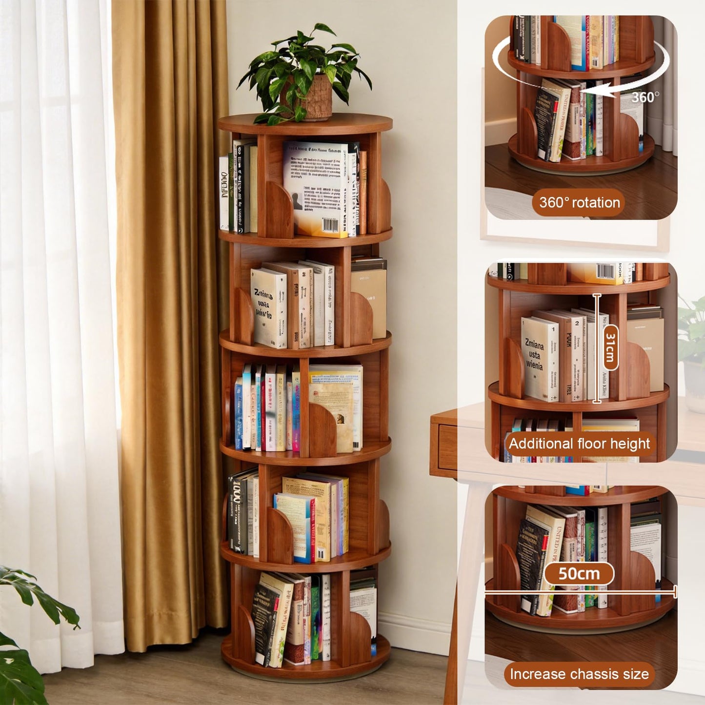 JIANXINGHOOM 5-Tier Rotating Bookshelf,Rolling Bookcase with 360° Spin for Small Spaces, Corner Revolving Organizer for Home Office, Bedroom, Kids Room Walnut Finish
