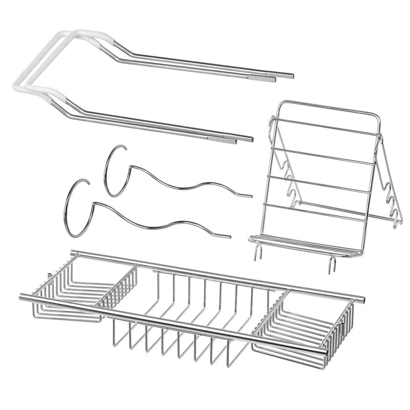 iPEGTOP Stainless Steel Bathtub Caddy Tray - Over Bath Tub Racks Shower Organizer with Extending Sides, Removable Wine Glass Book Holder