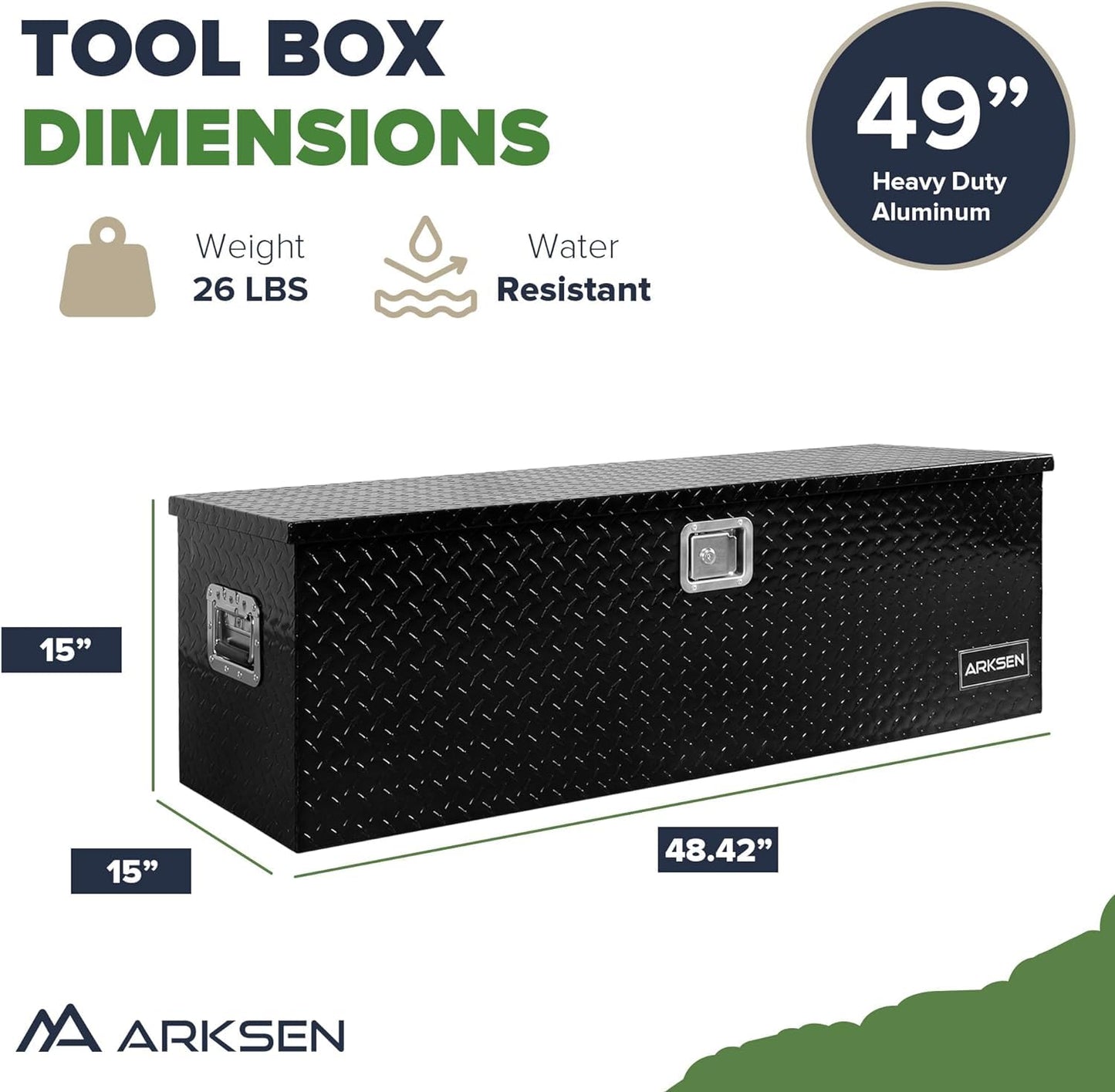 ARKSEN 49" Aluminum Diamond Plate Tool Box,Heavy Duty Waterproof Truck Storage Organizer Chest for Pick Up,Truck Bed, RV Trailer with Side Handle, Lock and Keys - Black