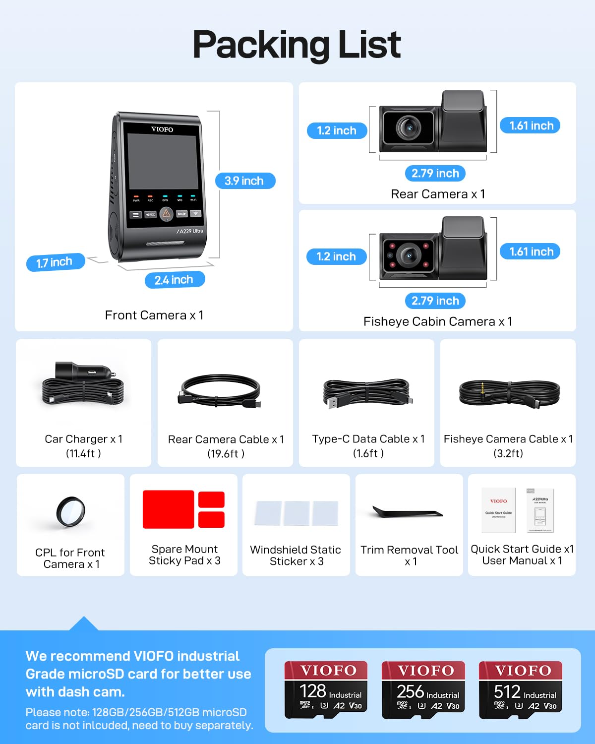 VIOFO A229 Ultra 3 Channel Dash Cam, Dual 4K + 1080P, 210° Fisheye Cabin Car Camera, Triple STARVIS 2 Sensors with Dual 4K HDR, Faster 5GHz Wi-Fi & GPS, Smart Voice Control, Super Night Vision 2.0