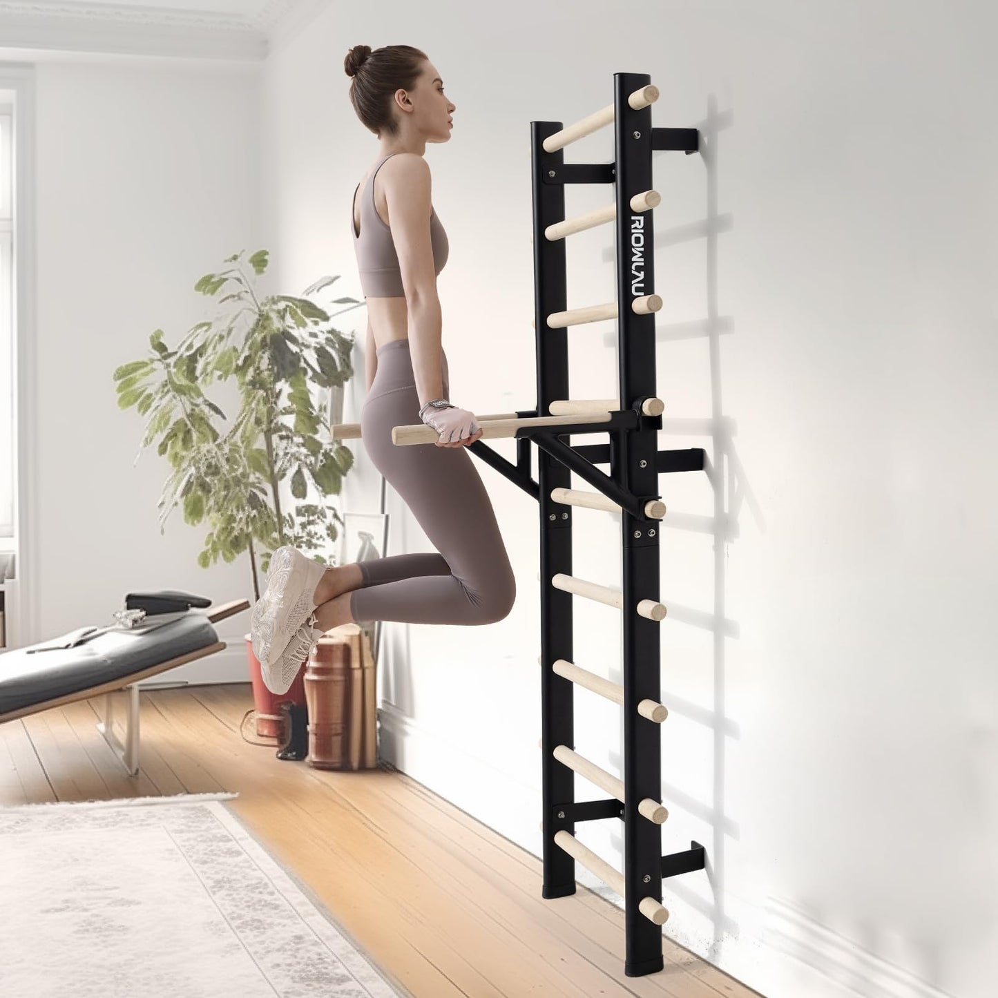 RIOWLAU Swedish Ladder Dip Bar Attachment, Fits TS003A Ladder, Wood Stall Bar for School, Physical Therapy and Gymnastics, Multi-grip (Black, 20"L x 2""W x 11""H)"