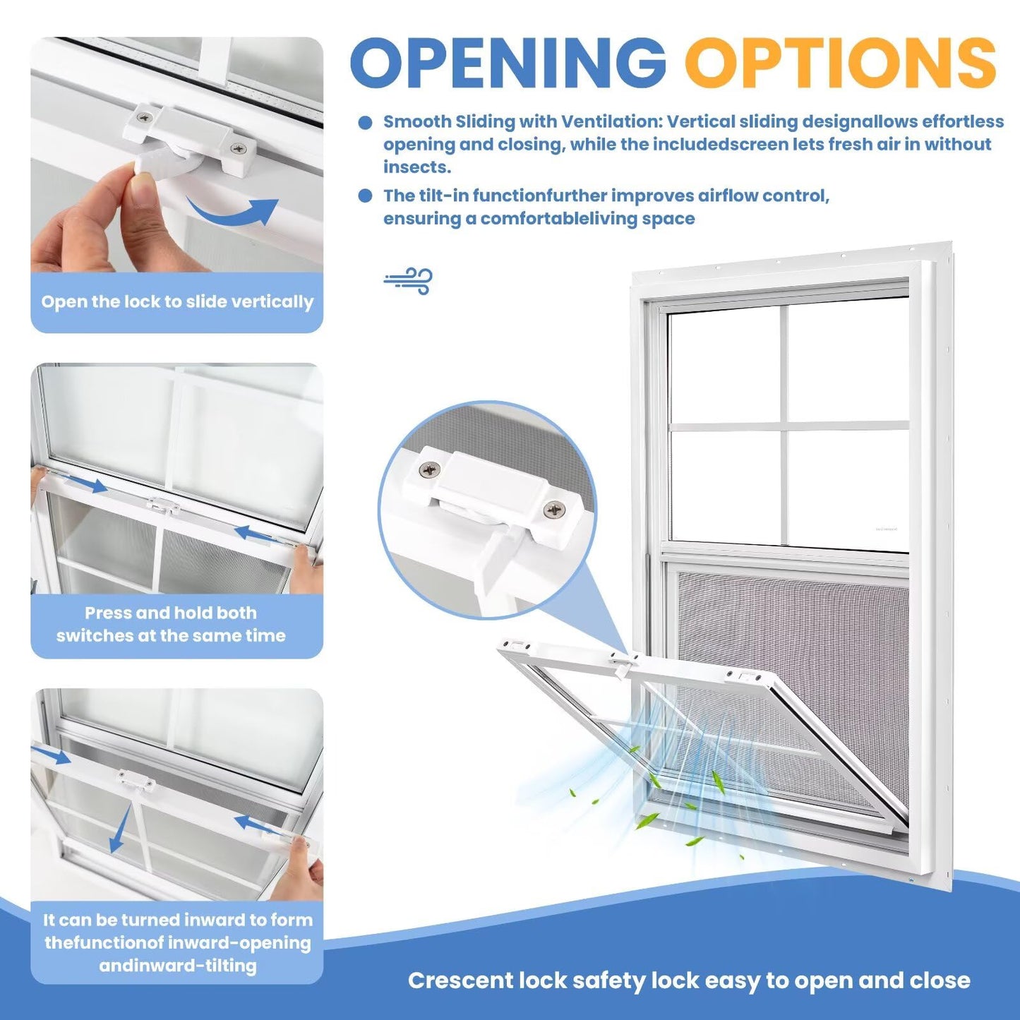 COLORPAPA Vinyl Single Hung Window, 36" x 36" Household Sliding Window with Double-Pane Insulated Tempered Glass, Lower Tilt Sash Screen Included Window for House, Mobile Home (White)
