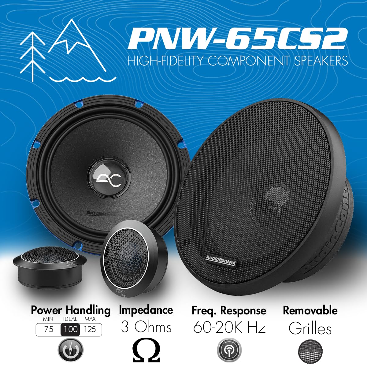 AudioControl PNW Series Car Speakers, 6.5" Component Premium High-Fidelity, 100 Watt RMS/125 Watt Max, 3 Ohm, 1” Tweeters, HPF/LPF Crossovers (Pair)