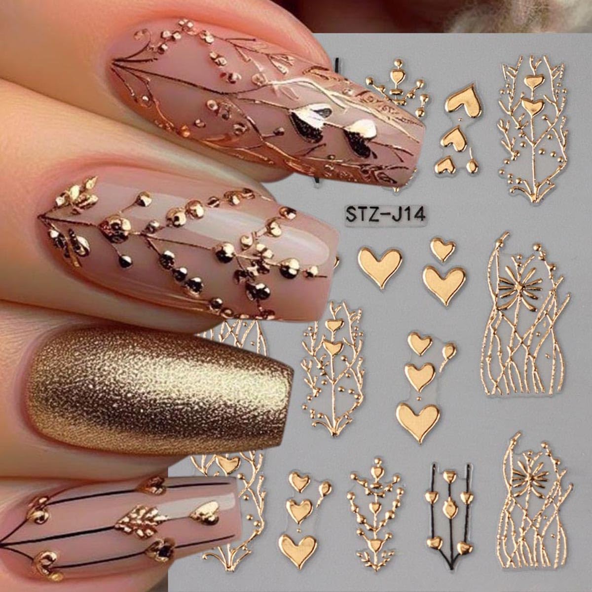 Golden Heart Nail Art Stickers Valentine’s Day Heart Nail Stickers for Nail Art 3PCS 3D Metallic Love Hearts Tree Stripe Design Self-Adhesive Nail Decals for Women DIY Manicure Nail Decorations Supply