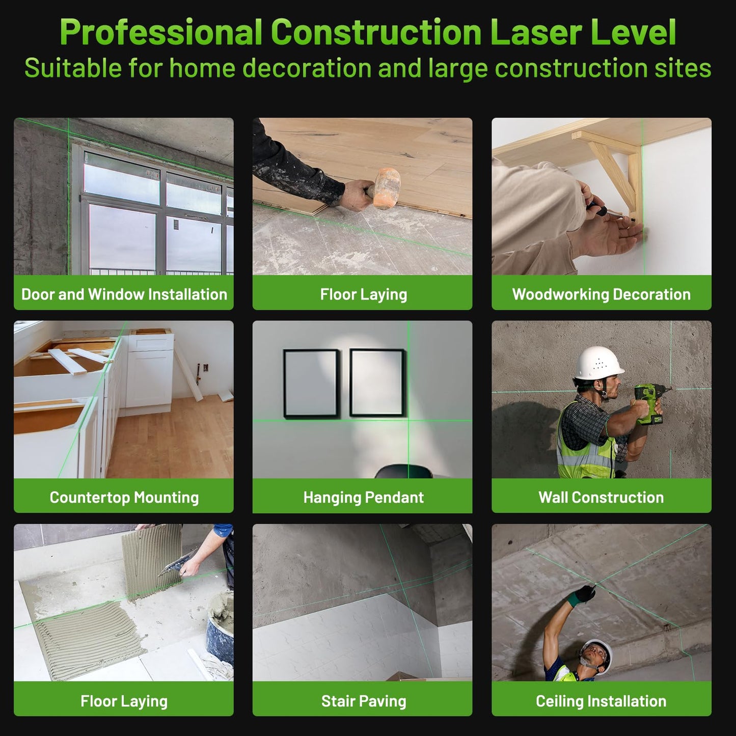 Huepar 12V 4x360 Laser Level Self Leveling with Bluetooth and Remote Control, 4D Green Cross Line Laser, 16 Lines Lazer Leveler Tool for Construction, Upgrraded Bracket, Removable Battery P04CG