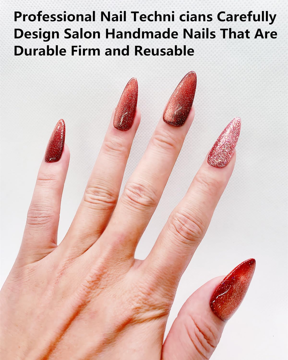 CAMILCY Press on Nails Handmade Nails Luxury Reusable Fake Nails For Girls long Almond Armor Cat's Eye Brown Diamonds HandPainted Salon Loveful Design Acrylic GelUV Finished 3D Nails 10PCS (A031, M)