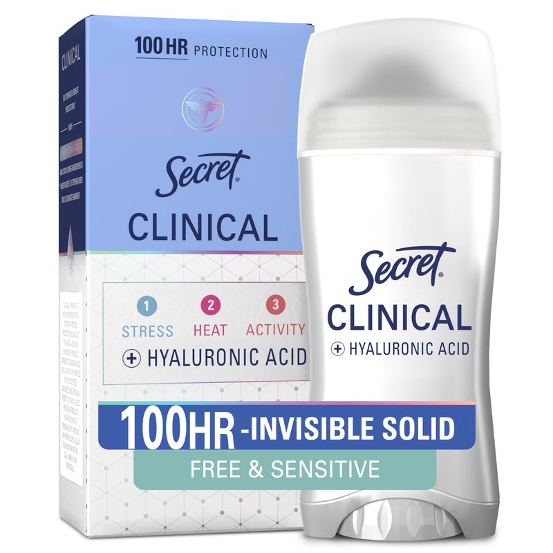 Secret Clinical Strength 100HR Sweat & Odor, Invisible Solid Antiperspirant Deodorant for Women, Free & Sensitive, 3X Stress Protection with Hyaluronic Acid, PH Balanced, Unscented, 2.6 oz