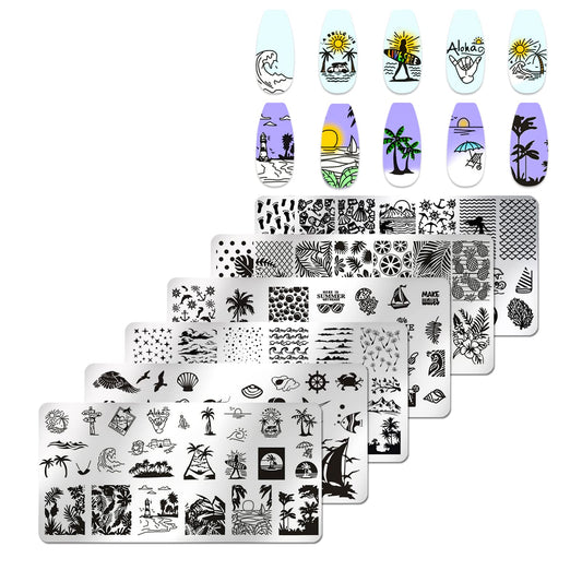 JERCLITY 6pcs Seaside Scenery Nail Stamping Plate Nail Stamping Kit for Nails Summer Beach Coconut Trees Sunset Waves Sea Animals Image Plates Nail Art Design Template Print Nail Stamper Kit for Women