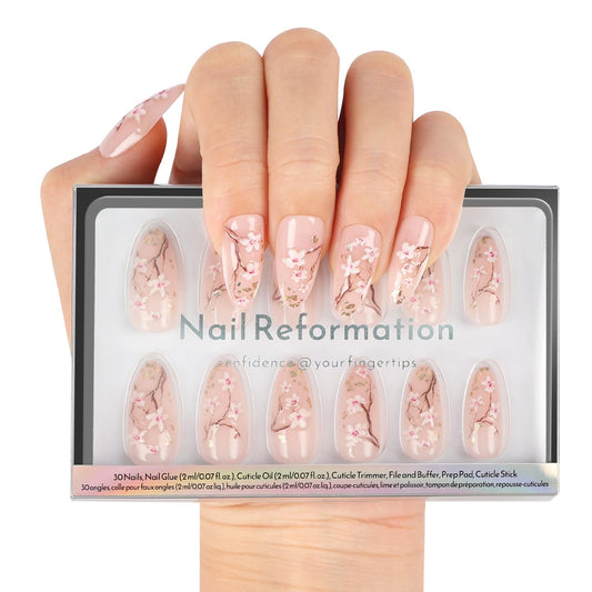 Nail Reformation Press On Nails, Soft Sakura | Floral Medium Almond Fake Nails with Gold Flecks on Sheer Nude Base, Salon Quality, Reusable Stick On Nails in 15 Sizes - 30 Nail Kit, Gifts for Women