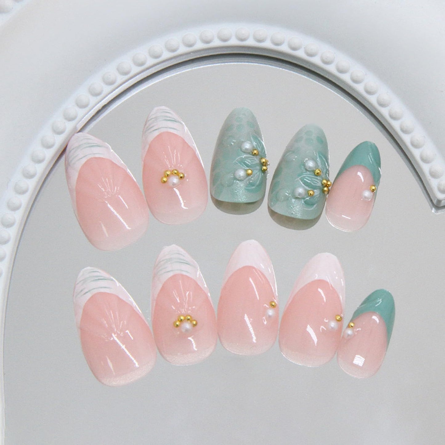 IMSOHOT Medium Press on Nails Almond Fake Nails White French Tips False Nails Full Cover Green Glossy Glue on Nails Gel Handmade Acrylic Nail Supplies for Women Girls Manicure Decoration