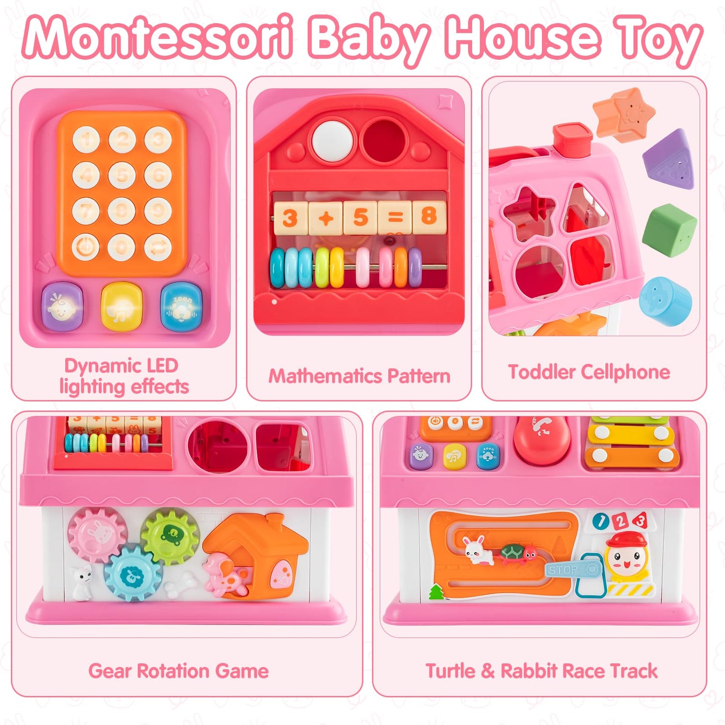 Montessori Toys for 1 Year Old, Baby Music Toys for 1 Year Old Girl Gift, 12-in-1 Musical House Toddler Learning Toy for 1 2 3 Ages, First Birthday Gifts for Girls and Boys, Educational Toy, (Pink)