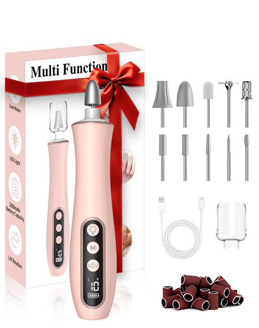 Cordless Nail Drill Electric Nail File, 10-in-1 Manicure Pedicure Kit Nail Grinder Set, 14000 RPM Rechargeable Acrylic Nail Tool, 10 Speeds LED Light LCD Display for Human, Toenails, Home(Pink)