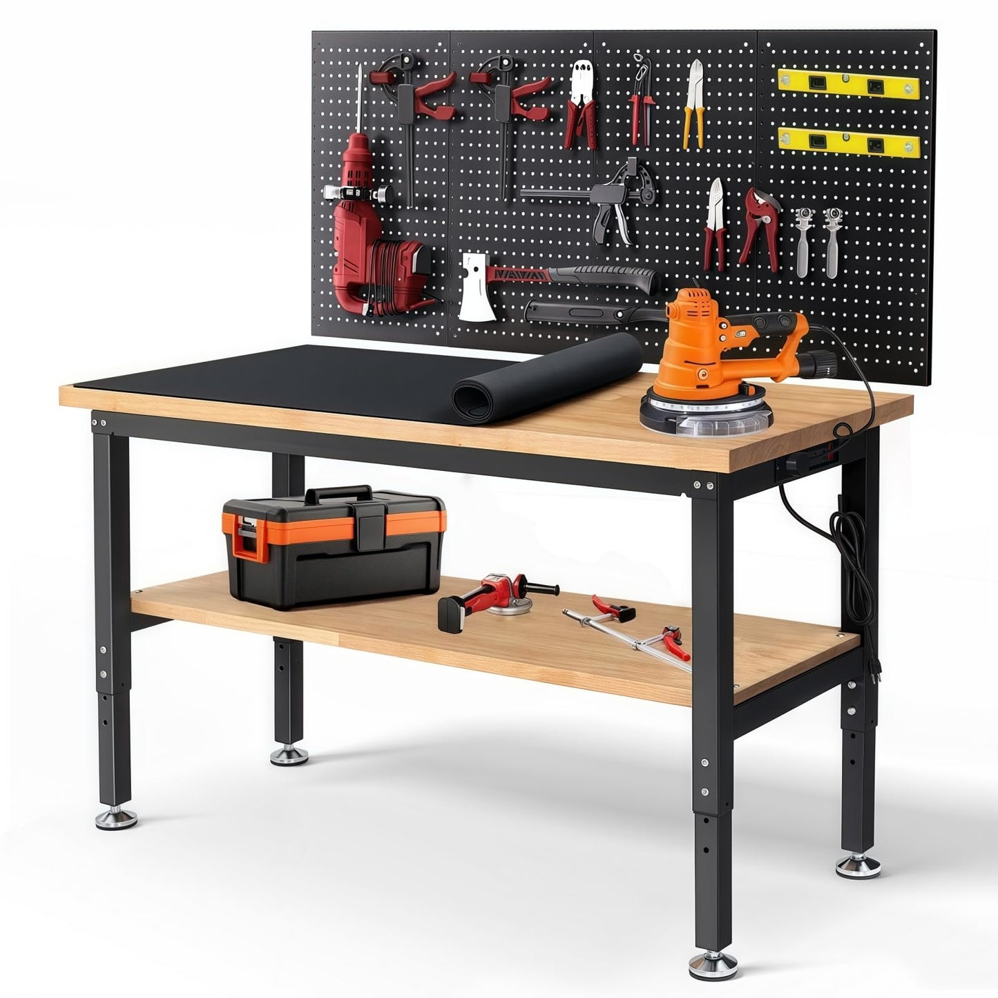 ENJOYWOOD 60" x 22" Heavy Duty Workbench Adjustable Height Garage Work Table with Solid Rubberwood Top, Pegboard & Power Outlets for Workshop, Home & Office