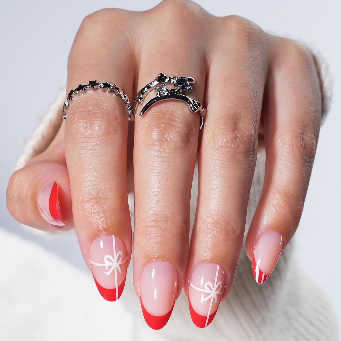 Red French Tip Design Press On Nails, Short Almond Fake Nails with White Line Accent, Reusable Stick On Nails with Glue for Women, 32pcs in 16 Sizes | Salon Quality