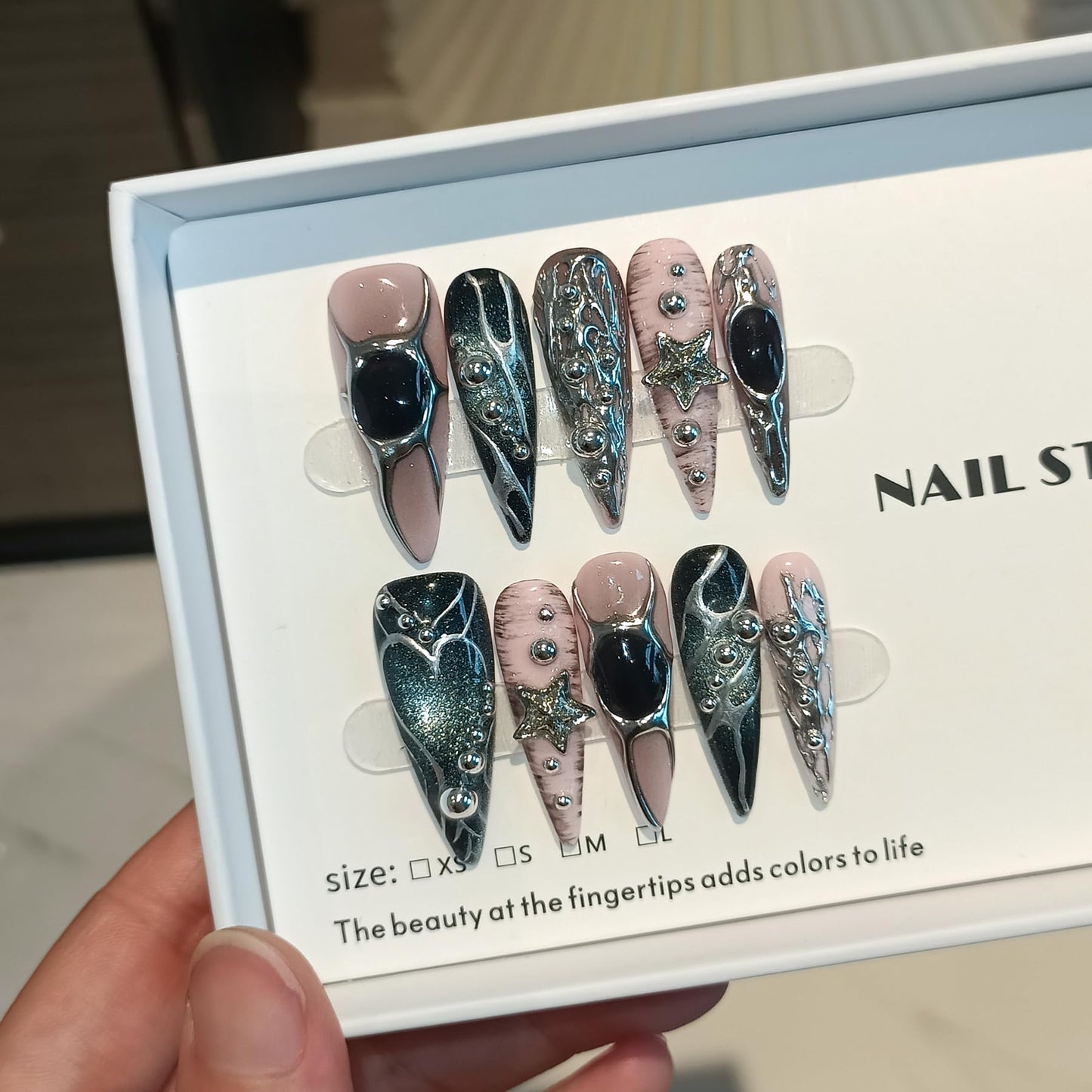 TENPAL Pink Black Press on Nails Long Stiletto,Metal Gothic Fake Nails with Punk Stars Beads,Cat Eye Glitter Edgy Y2K Ins False Nails with Tools,Sweet Grunge Irregular 3D Handmade Nails 10pcs(XS)