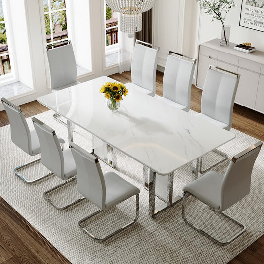 MEMUY 79" Modern Dining Table Set for 8,White Dining Room Table with 8 Light Grey PU Chairs, Modern Rectangular Kitchen Table and Chairs Set of 8 with Silver Base