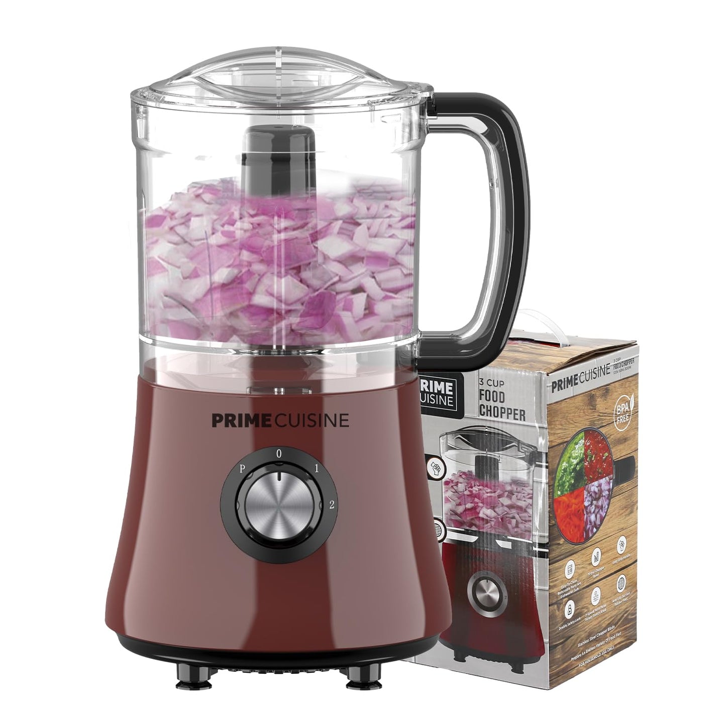 PRIME CUISINE Electric Vegetable Chopper & Food Processor, 3 Cup Capacity, For Mincing, Emulsify and Puree (Burgundy)
