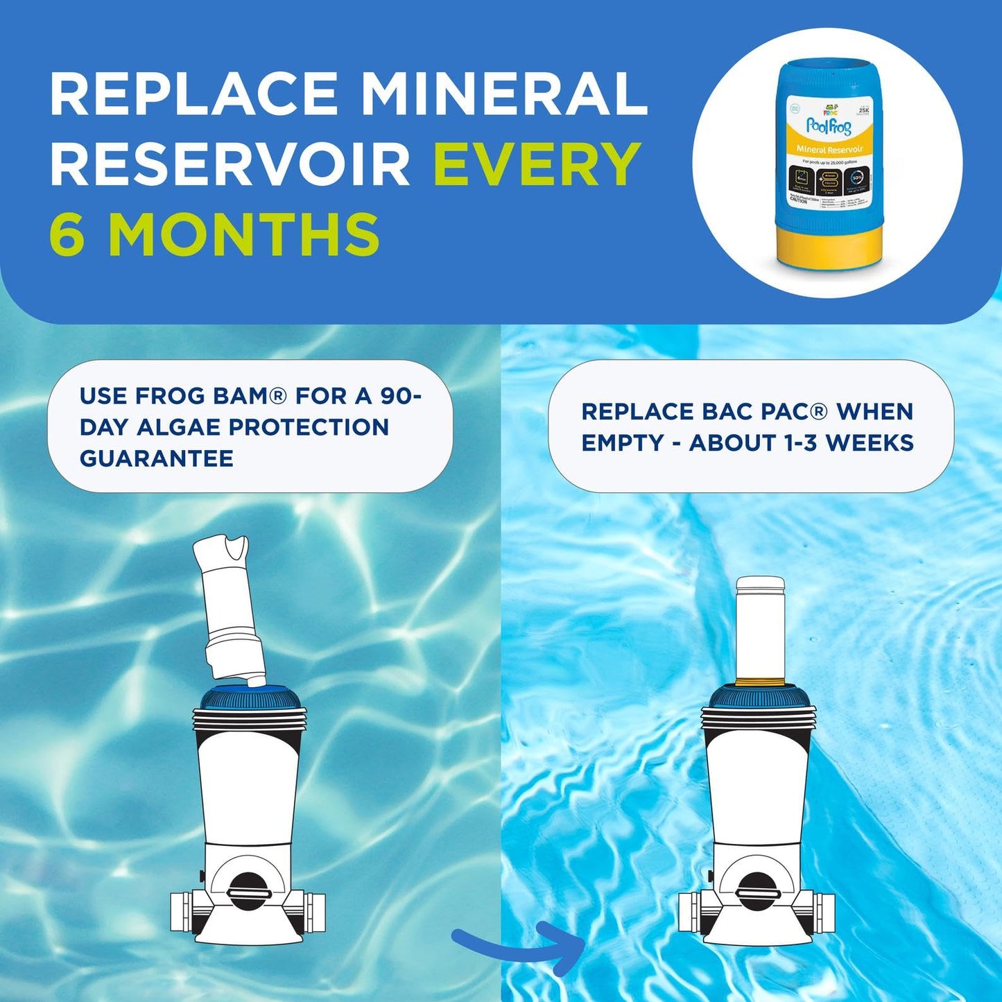 FROG Bac Pac Replacement Chlorine Cartridges for use with Pool FROG Model 5400 and 6100 Cyclers - Prefilled for Easy & Convenient Pool Sanitizing & Water Care - 3 Pack