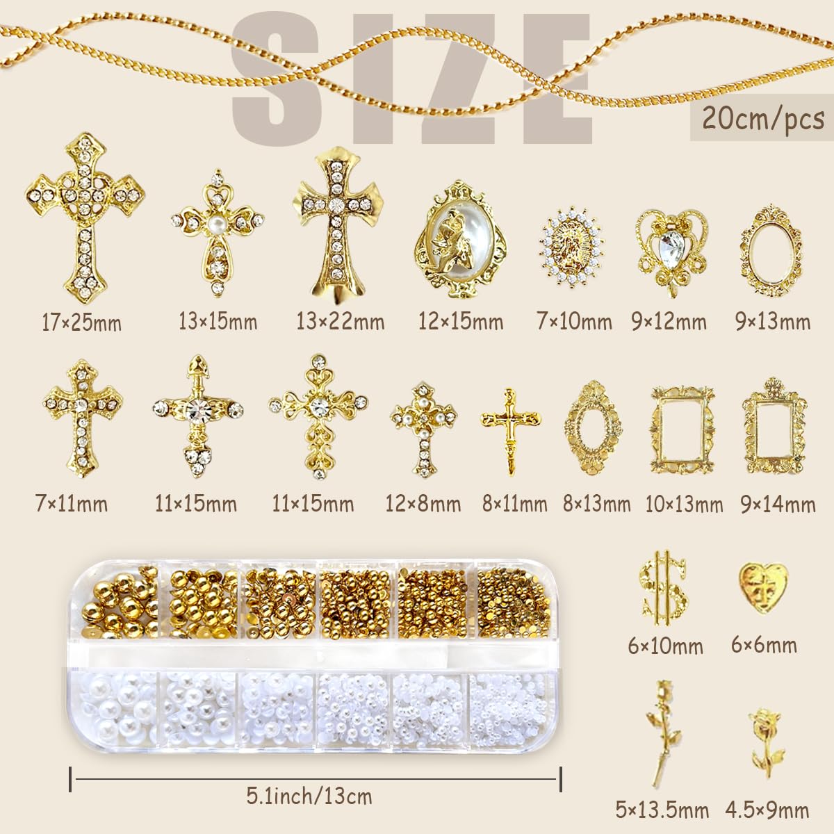3D Luxury Cross Nail Charms,Gold White Flat Back Pearls Half Bead for Crafting,Cute Y2k Nail Rhinestones Gems for Nail Art Heart Flower Virgin Mary Angel Religious Charms Nail Chains Bulk