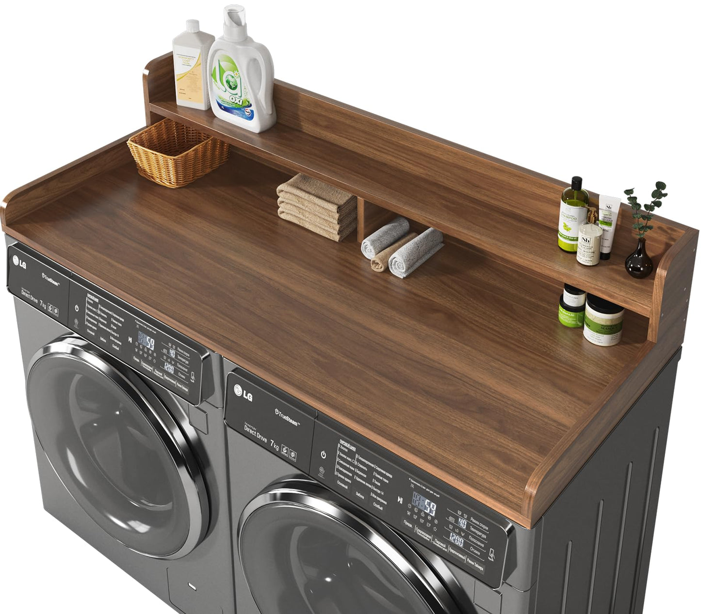 BigPonPon 2-Tier Washer and Dryer Countertop,2.75" H Guard,58" W x 28" D Laundry Countertop Cover with Non-Slip Pad,Large Space Laundry Topper for Folding Clothes Over Washer and Dryer-Dark Walnut