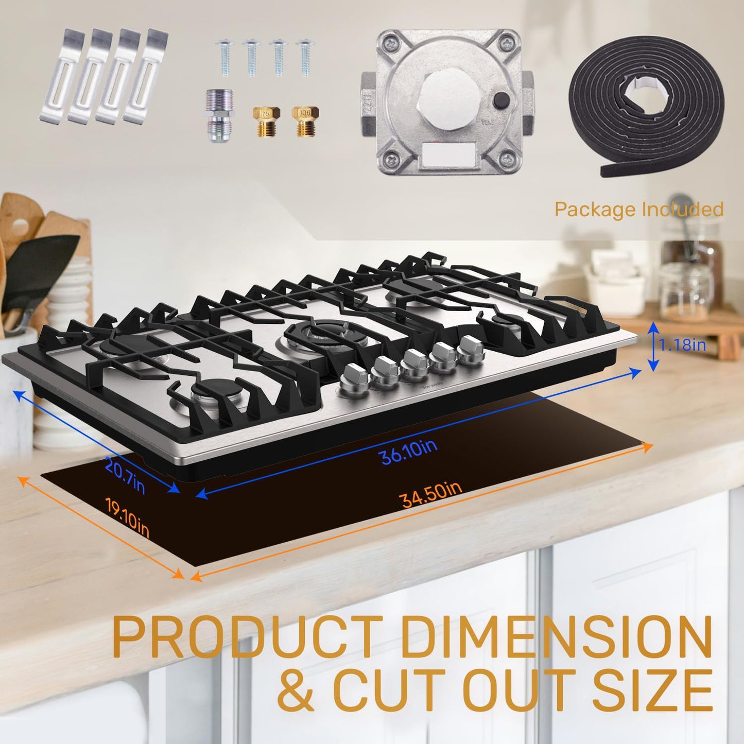 TOPWISH 36 Inch Gas Cooktop, Propane Stove Top with 5 ITALY SABAF Sealed Burners 41,800BTU, NG/LPG Convertible Built-in Stainless Steel Stovetop with Thermocouple Protection for Rvs Kitchen Outdoor