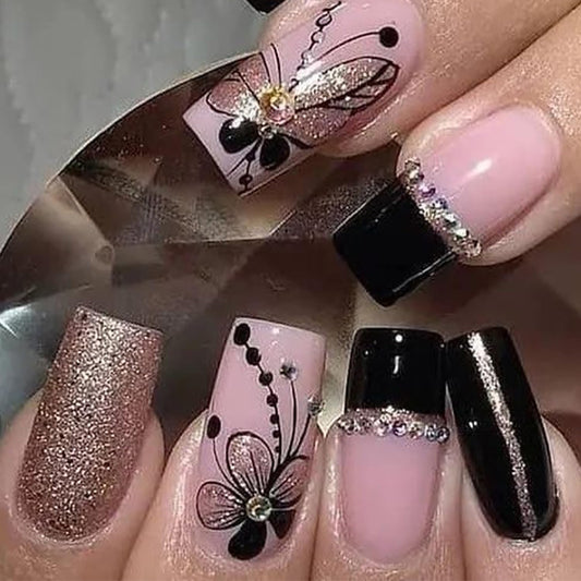 FIEONCIY Press on Nails Square Medium Length Glossy Full Cover Acrylic Square Shaped False Nails with Designs Artificial Short Coffin Fake Nails with Charms Glue ons Fingernails for Women(BKS3100)