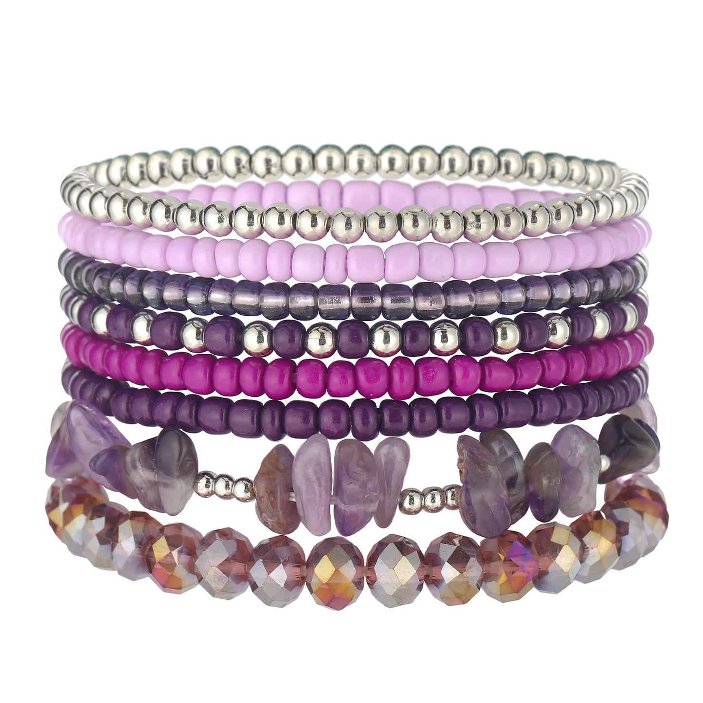 Noessla Boho Beaded Bracelets for Women Stackable Irregular Natural Stone Bead Stretch Bracelet Set 8PCS Costume Jewelry Gifts for Her(Purple)