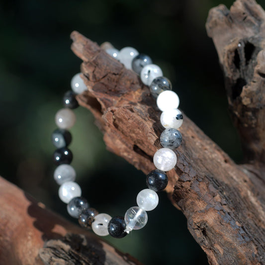 Crystal Agate Bracelets - Manifestation Bracelet - Natural Black Rutile Beaded Stretch Bracelet 8mm - Unisex Adult Yoga Bracelet - White-Black