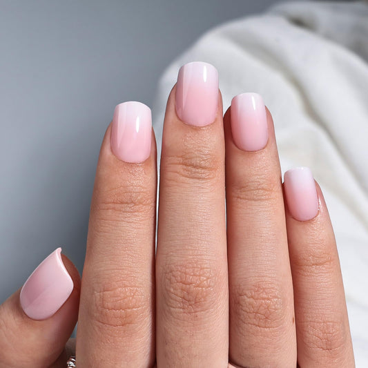 Ombre Press On Nails - Short Square Nude Pink Press on Nails, Glossy Nails Press Ons for Women, Reusable Fake Nails Kit with Glue, 30 Pieces in 15 Sizes