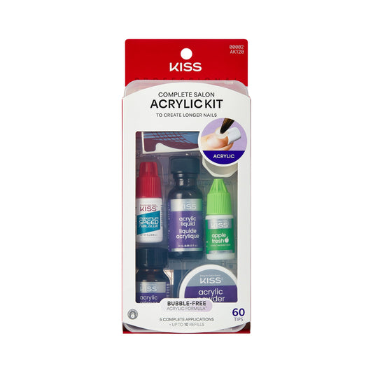 KISS Complete Salon Acrylic Fake Nails Manicure Kit, Acrylic Liquid, Acrylic Primer, Acrylic Powder Clear, Maximum Speed Nail Glue, Masking Formula, & 60 Long Length Bubble Free Acrylic Nails