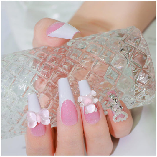 GALSPRO Long Press on Nails - Set of 24 Fake Nails with Designs in 12 Different Sizes for Perfect Fit, Cute False Nails Kit for Women with 0.07oz Nail Glue, A Double Sided Nail File & Cuticle Stick