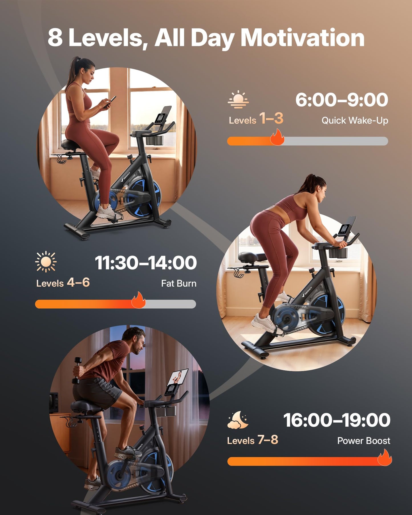 Merach Magnetic Exercise Bike, Low Noise Stationary Bike for Home with Comfortable Seat Cushion, Spin Bike with 330 lb Weight Capacity, Exclusive App, Tablet Mount and Fitness Courses