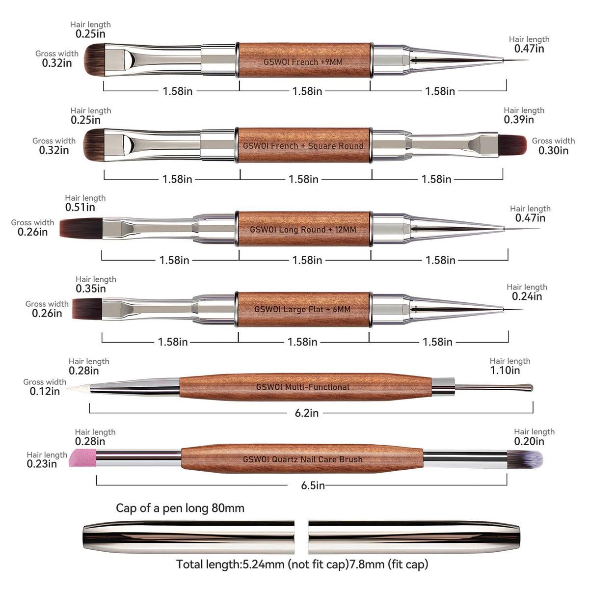 GSWOI Dual Head Acrylic Nail Brush-French Tip & Square Round with Cleaning Brush for Builder Gel,Polygel & Design-Wood Handle & Metal Caps