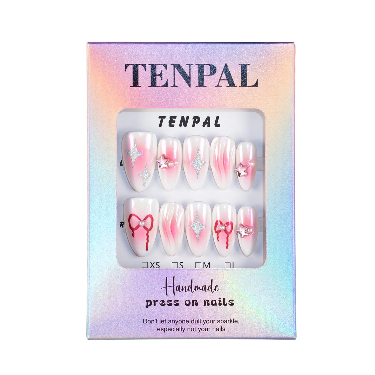 TENPAL Handmade Press On Nails Almond-Aurora Pink Acrylic Soft Gel Finished Reusable Fake Nails,Y2k Sweet Cool Glue On Nails With 3D Star Bow Charms 10pcs/Box Manicure Kit Sets (L)