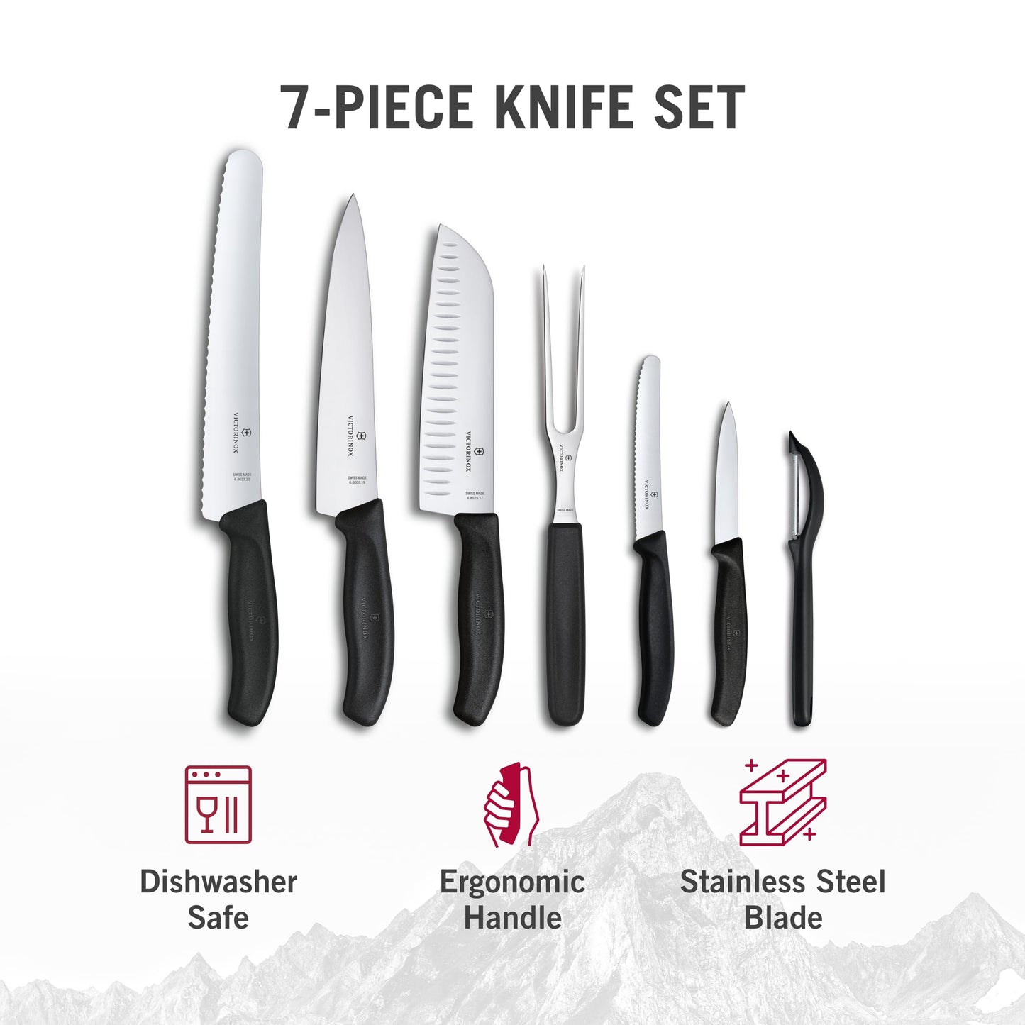Victorinox Swiss Classic Kitchen Set - Includes Carving Knife, Santoku Knife, Vegetable Peeler & More - Premium Kitchen Accessories - Black Handles, 7-Piece Set