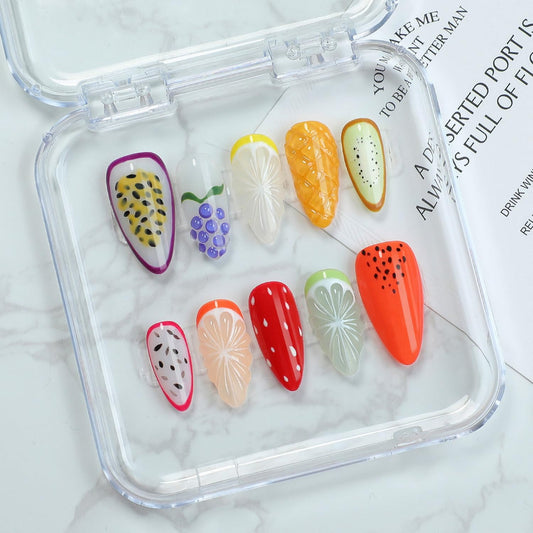 Handmade Fruit Press on Nails Luxury Thick Medium Almond Fake Nails with Lemon Grape Mango Pattern Design Muti-Layer Gel Spring Summer Fruit False Nails Full Cover Acrylic Nails for Women (Size S)