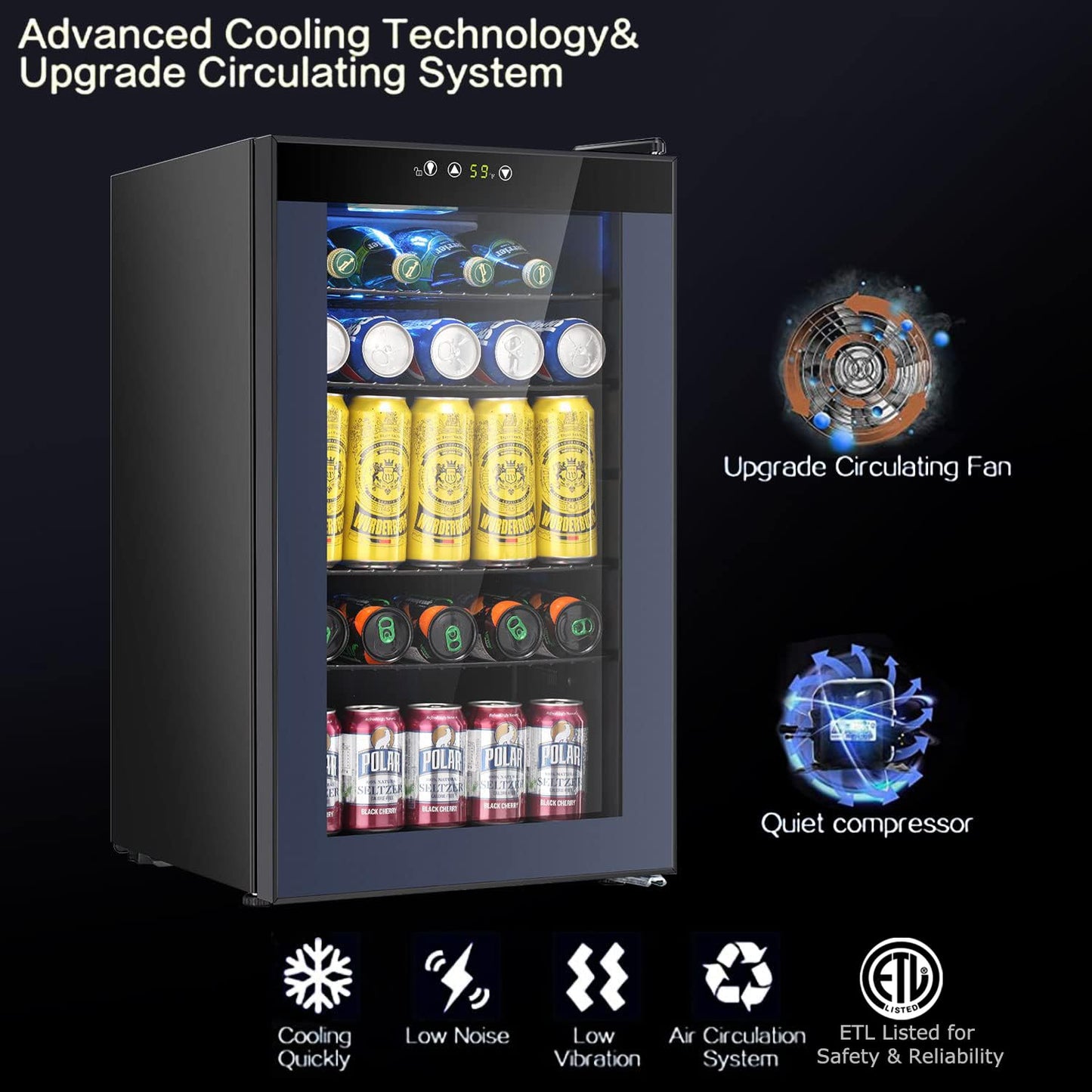 COWSAR Mini Fridge Cooler, 95 Can Beverage Refrigerator with Glass Door, ETL Approved Wine Fridge with Digital Temperature Control, LED Light for Home, Office, Bar, and Game Room - 2.6 Cu.Ft. Black