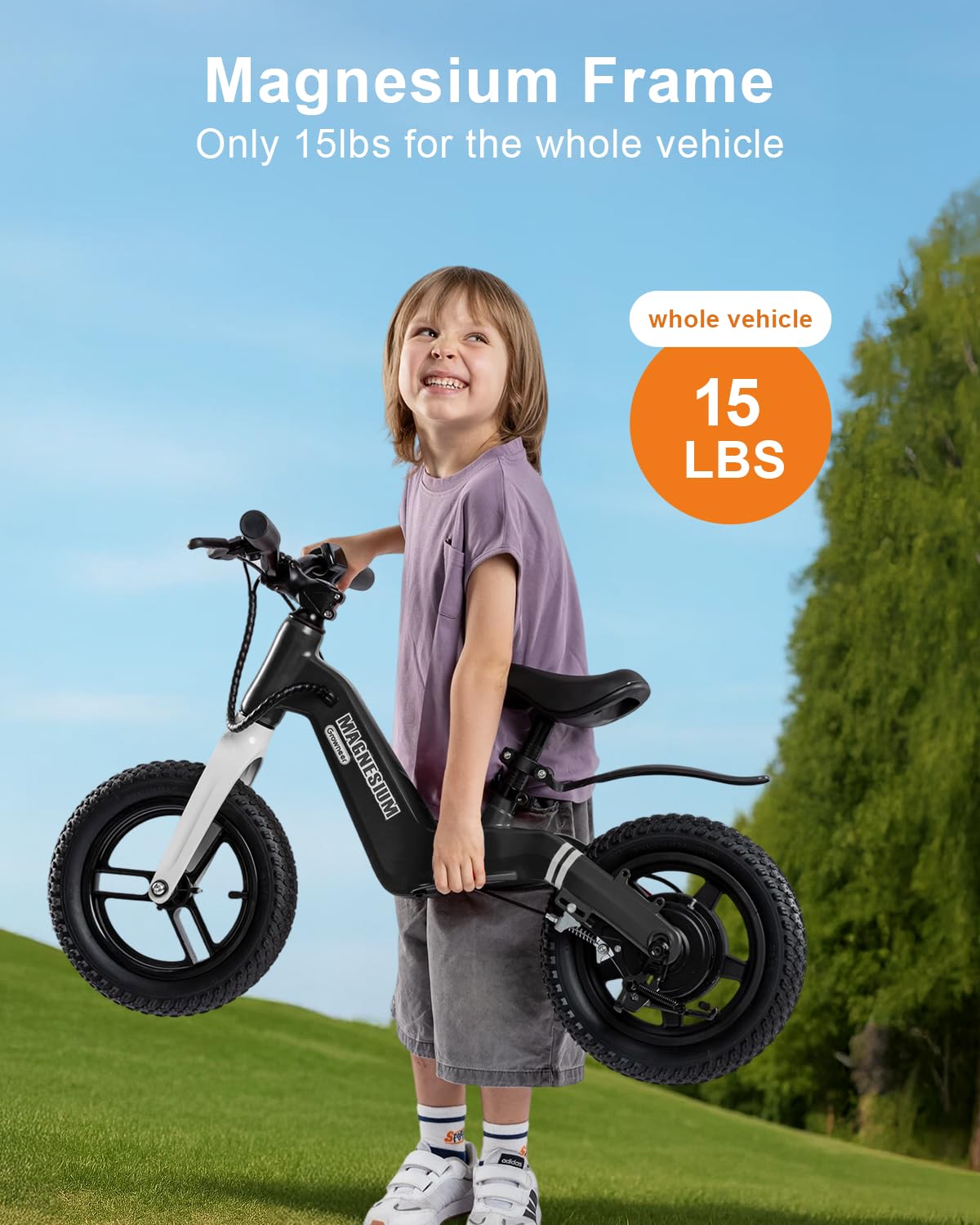 GROWNEER Electric Balance Bike for Kids 3-5 Year Old Boys Girls, 12 Inch Pneumatic Tires, 3 Speed Settings (3.1/6.2/9.3 mph), Light-up Front Tire & Adjustable Seat, 9.3 Mile Range, Black