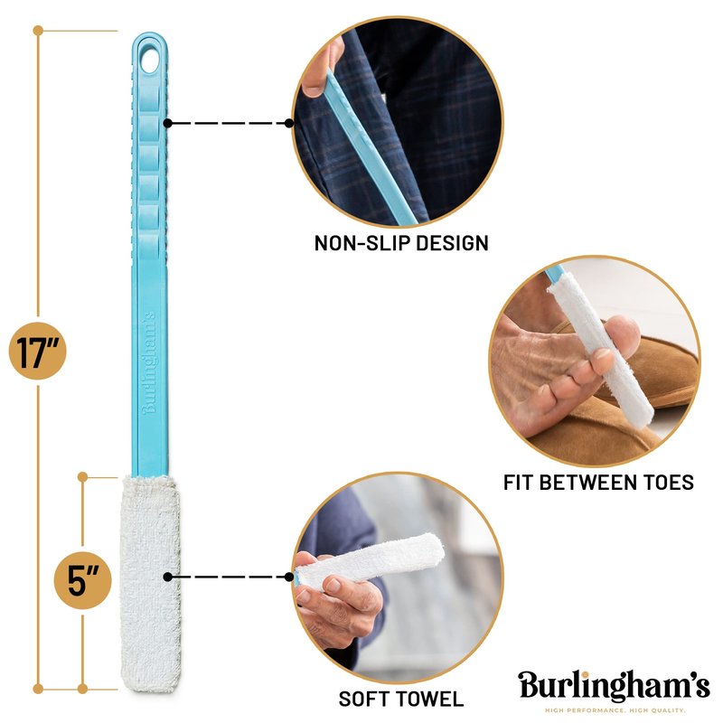 Burlingham's Toe and Foot Towel Brush with Reusable Drying Covers Long 17” Handle for Cleaning Between Toes, Soft Skin Exfoliation,for Seniors, Adults, Kids (Toe Towel Brush + 3 Covers)
