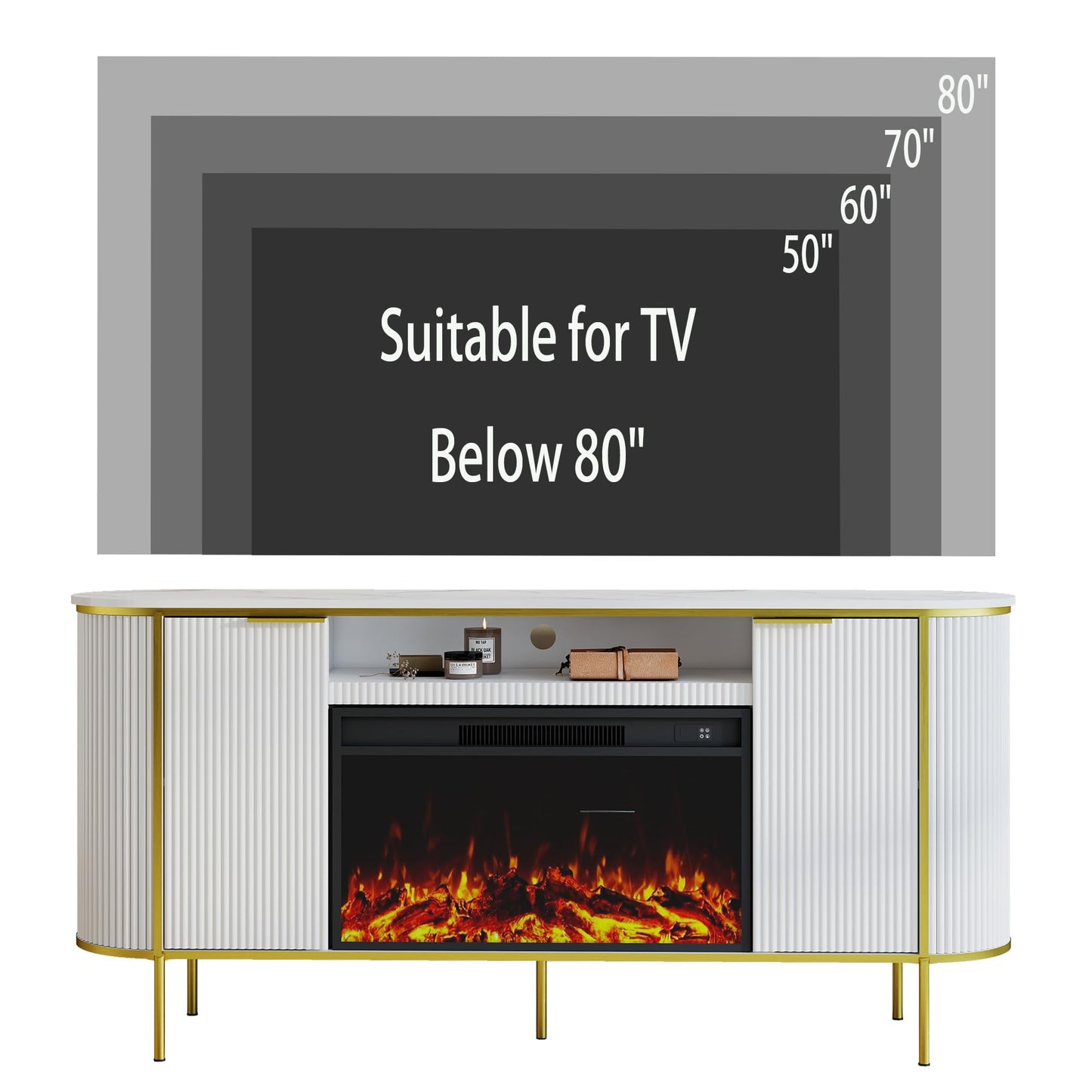 White Fireplace TV Stand: 70" Modern Luxury Fluted Electric Fireplace Heater Entertainment Center Fits TVs Up to 80 Inch, Faux Marble Top TV Console with Fireplace (White, 70 Inch Fireplace TV Stand)