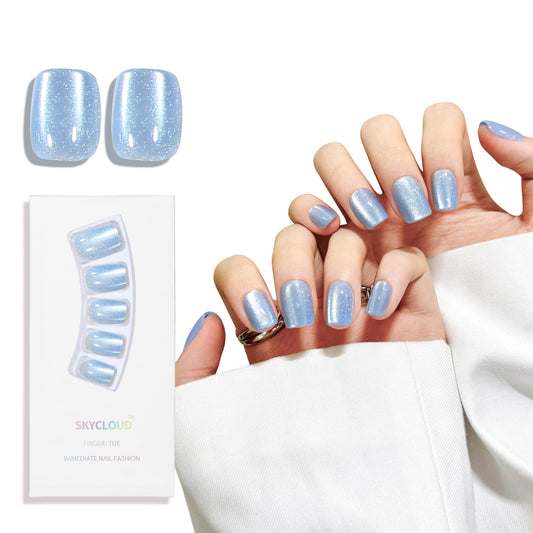 Blue Cat Eyes Press On Nails,12 Sizes - 24 Pcs Soft Gel Blue Short Squoval Fake Nails Kit with Nail Glue, Natural Reusable Stick On False Nails for Women and Girls SK1065