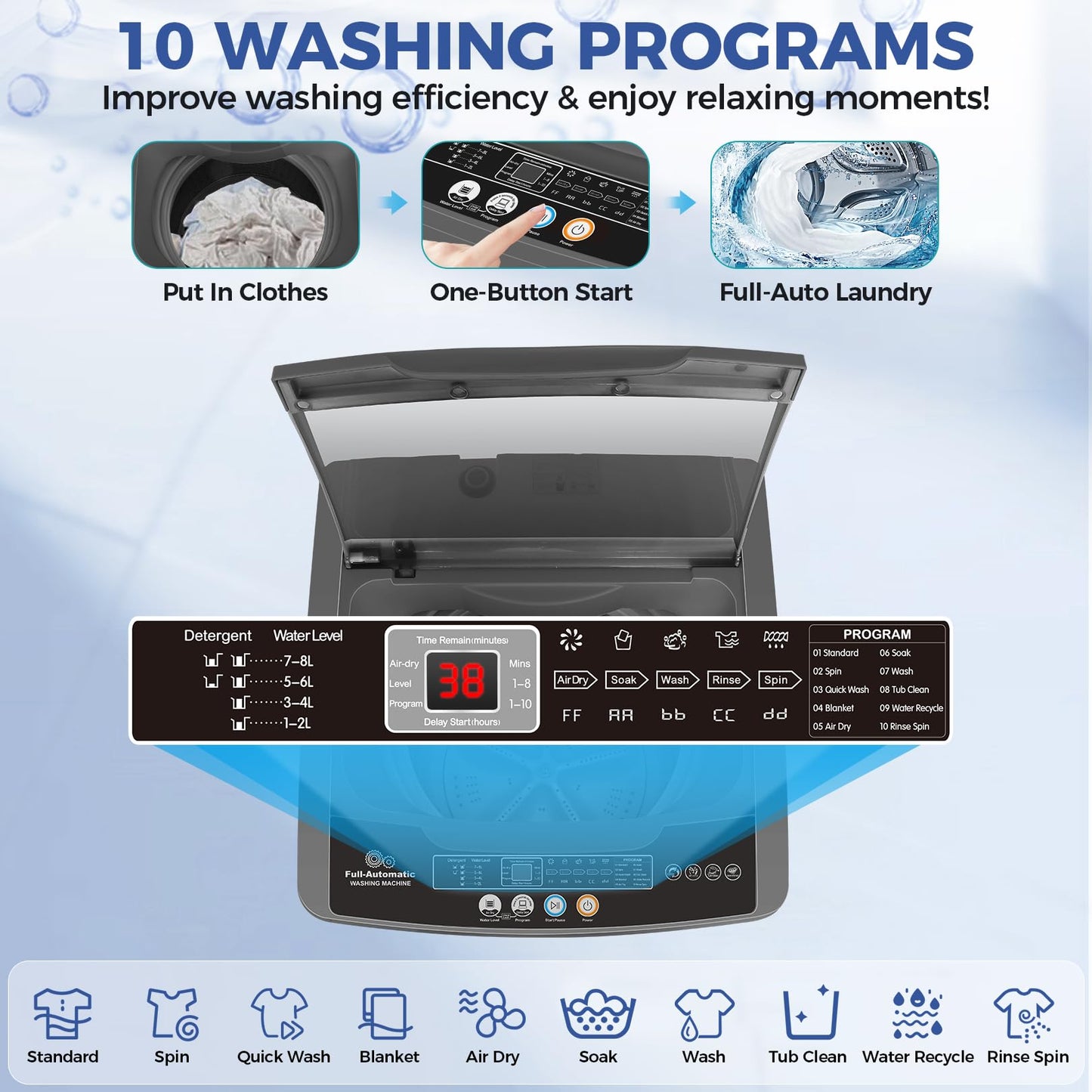 Nictemaw Portable Washing Machine, 20Lbs Capacity Full-Automatic Portable Washer Machine, 2.8Cu.ft Washer and Dryer Combo with 10 Programs & 8 Water Levels Compact Laundry Machine Apartments,RVs